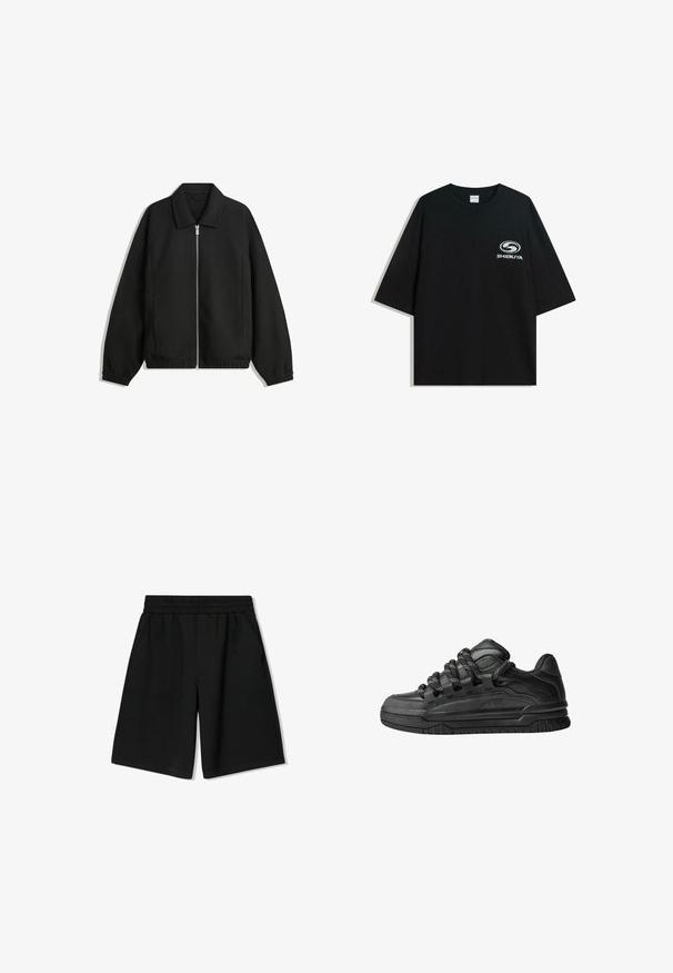 Čierna bunda vyrobená z textúrovaného materiálu, s plným predným zipsom, golierom a elastickými manžetami, so voľnejším strihom a bočnými vreckami.; Čierne oversize bavlnené tričko s okrúhlym výstrihom a krátkymi rukávmi, s bielym logom "Shibuya" potlačeným na prednej strane.; Čierne bavlnené šortky s elastickým pásom, bočnými vreckami a voľným strihom, s hladkou textúrou a rovnou lemovkou.; Čierne tenisky s hladkým koženým zvrškom, štruktúrovanými akcentami a okrúhlymi čierno-bielymi šnúrkami. Hrubá gumená podrážka s vzorovaným dezénom.