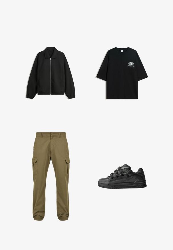 Crna jakna izrađena od teksturirane tkanine, s punim prednjim zatvaračem, ovratnikom i elastičnim manžetama, opuštenog kroja i bočnim džepovima.; Crna oversized pamukasta majica s okruglim izrezom i kratkim rukavima, s bijelim logotipom "Shibuya" otisnutim na prednjoj strani.; Zelene cargo hlače s ravnim krojem, od pamučnog materijala, bočnim džepovima i dugmetom za zatvaranje radi funkcionalnosti. Glatka tekstura, ležeran dizajn.; Crne tenisice s glatkom kožnom gornjom površinom, teksturiranim detaljima i okruglim crnim i bijelim vezicama. Debeli gumeni potplat s uzorkom.