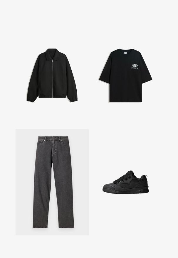 Zwarte jas van textuurstof, met een volledige rits aan de voorkant, een kraag, elastische manchetten, een ontspannen pasvorm en zijzakken.; Zwarte oversized katoenen t-shirt met een ronde halslijn en korte mouwen, met een witte "Shibuya" logo gedrukt op de voorkant.; Zwarte denim jeans met een rechte pasvorm, vijf-pocket ontwerp en subtiele vervaging. Voorzien van een knoopsluiting en riemlussen.; Zwarte sneakers met een gestructureerde bovenkant, voorzien van veters, mesh-details voor ademend vermogen, een gevoerd kraagje en een stevige zool.