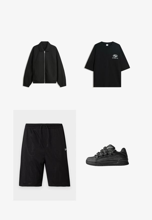 Fekete kabát texturált anyagból, teljes elöl cipzárral, gallérral és rugalmas mandzsettákkal, laza szabással és oldalsó zsebekkel.; Fekete, oversized pamut póló kerek nyakkal és rövid ujjakkal, az elején fehér "Shibuya" logóval.; Fekete hálós sportnadrág zsinóros derékkal, perforált mintázattal és egy kis fehér logóval a jobb alsó részen.; Fekete sportcipők sima bőrből készült felső résszel, struktúrált kiegészítőkkel, valamint kerek fekete és fehér fűzőkkel. Vastag gumitalp mintázott bordázattal.