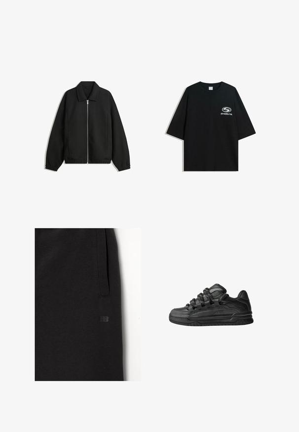 Zwarte jas van textuurstof, met een volledige rits aan de voorkant, een kraag, elastische manchetten, een ontspannen pasvorm en zijzakken.; Zwarte oversized katoenen t-shirt met een ronde halslijn en korte mouwen, met een witte "Shibuya" logo gedrukt op de voorkant.; Zwarte joggingsbroek van zacht materiaal, met een zijzak en een klein, geperst logo. Rechte snit met een gladde textuur.; Zwarte sneakers met een glad leren bovenwerk, gearceerde accenten en ronde zwart-witte veters. Dikke rubberen zool met een geprofileerd loopvlak.