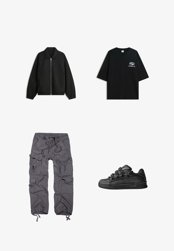 Fekete kabát texturált anyagból, teljes elöl cipzárral, gallérral és rugalmas mandzsettákkal, laza szabással és oldalsó zsebekkel.; Fekete, oversized pamut póló kerek nyakkal és rövid ujjakkal, az elején fehér "Shibuya" logóval.; Szürke cargo nadrág több zsebbel, húzózsinórral, gombos záródással, tapered szárakkal és texturált anyagkezeléssel.; Fekete sportcipők sima bőrből készült felső résszel, struktúrált kiegészítőkkel, valamint kerek fekete és fehér fűzőkkel. Vastag gumitalp mintázott bordázattal.