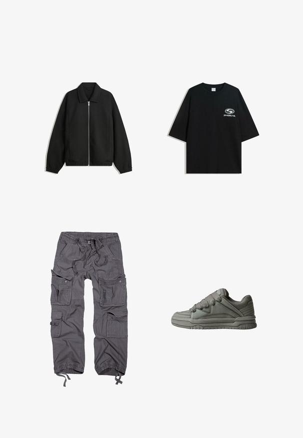 Zwarte jas van textuurstof, met een volledige rits aan de voorkant, een kraag, elastische manchetten, een ontspannen pasvorm en zijzakken.; Zwarte oversized katoenen t-shirt met een ronde halslijn en korte mouwen, met een witte "Shibuya" logo gedrukt op de voorkant.; Grijze cargobroek met meerdere zakken, trekkoord in de taille, knoopsluiting, taps toelopende boorden en een gestructureerde stofafwerking.; Grijze sportieve schoen met een bovenwerk van gestructureerd leer en mesh, dikke rubberen zool en een opvallende, gewatteerde tong en zijkanten. Veters en zijaccenten zijn inbegrepen.
