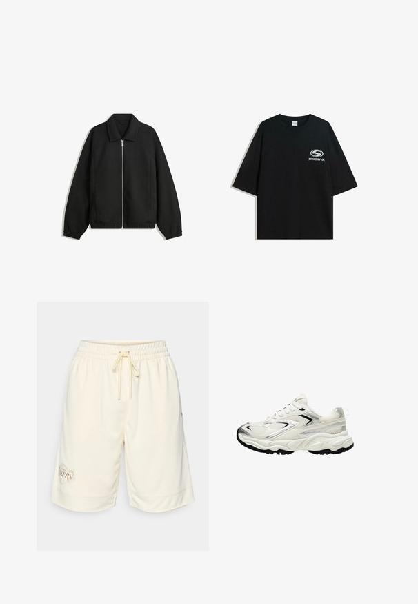 Fekete kabát texturált anyagból, teljes elöl cipzárral, gallérral és rugalmas mandzsettákkal, laza szabással és oldalsó zsebekkel.; Fekete, oversized pamut póló kerek nyakkal és rövid ujjakkal, az elején fehér "Shibuya" logóval.; Krém színű sportnadrág, rugalmas derékkal és húzózsinórral. Texturált anyagból készült és hímzett "Los Angeles Lakers" logóval rendelkezik.; Fehér sneaker hálós felsőrésszel, ezüst kiegészítőkkel, fekete talppal és textúrázott panelek nélkül. Fűzhető kialakítással és kerek orral rendelkezik.
