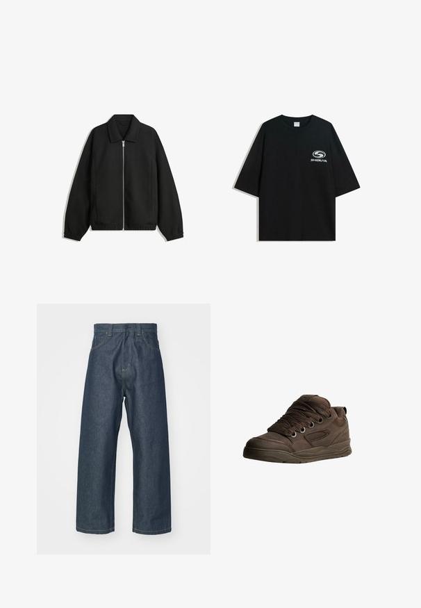 Černá bunda vyrobená z texturované látky, s plným předním zipem, límcem a elastickými manžetami, s volným střihem a bočními kapsami.; Černé oversized bavlněné tričko s kulatým výstřihem a krátkým rukávem, na přední straně s potiskem bílého loga "Shibuya".; Carhartt WIP BRANDON PANT - Baggy džíny - blue rigid; Hnědé sportovní boty vyrobené z hladkého syntetického materiálu. Mají silné šňůrky, síťované detaily, polstrovaný límec a texturovanou gumovou podrážku.