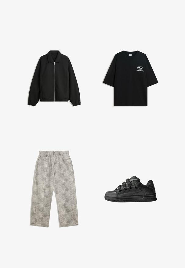Crna jakna izrađena od teksturirane tkanine, s punim prednjim zatvaračem, ovratnikom i elastičnim manžetama, opuštenog kroja i bočnim džepovima.; Crna oversized pamukasta majica s okruglim izrezom i kratkim rukavima, s bijelim logotipom "Shibuya" otisnutim na prednjoj strani.; Svijetlosive traperice s opuštenim, širom krojem. Imaju suptilan mramorasti uzorak, pet džepova i prednje zatvaranje na gumb.; Crne tenisice s glatkom kožnom gornjom površinom, teksturiranim detaljima i okruglim crnim i bijelim vezicama. Debeli gumeni potplat s uzorkom.