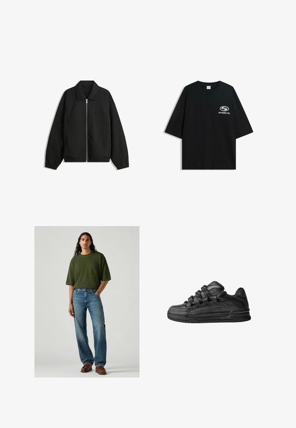 Zwarte jas van textuurstof, met een volledige rits aan de voorkant, een kraag, elastische manchetten, een ontspannen pasvorm en zijzakken.; Zwarte oversized katoenen t-shirt met een ronde halslijn en korte mouwen, met een witte "Shibuya" logo gedrukt op de voorkant.; Groene t-shirt met korte mouwen en een borstzak, gecombineerd met lichtblauwe spijkerbroek. Het model staat in bruine schoenen op een grijze achtergrond.; Zwarte sneakers met een glad leren bovenwerk, gearceerde accenten en ronde zwart-witte veters. Dikke rubberen zool met een geprofileerd loopvlak.
