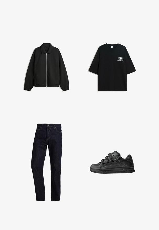 Musta takki, joka on valmistettu teksturoidusta kankaasta ja jossa on koko etuvetoketju, kaulus ja joustavat hihansuut. Takissa on rento istuvuus ja sivutaskut.; Mustat ylipitkät puuvillapaidat, joissa on pyöreä kaula-aukko ja lyhyet hihat, etuosassa valkoinen "Shibuya" -logo.; Tummansiniset farkut suoran leikkauksen avulla, joissa on keltaiset ompeleet, viisi taskua sekä klassinen nappi- ja vetoketjusuljin.; Mustat tennarit, joissa on sileä nahkapinta, teksturoituja yksityiskohtia ja pyöreät musta-valkoiset nauhat. Paksu kumipohja, jossa on kuvioitu pinta.