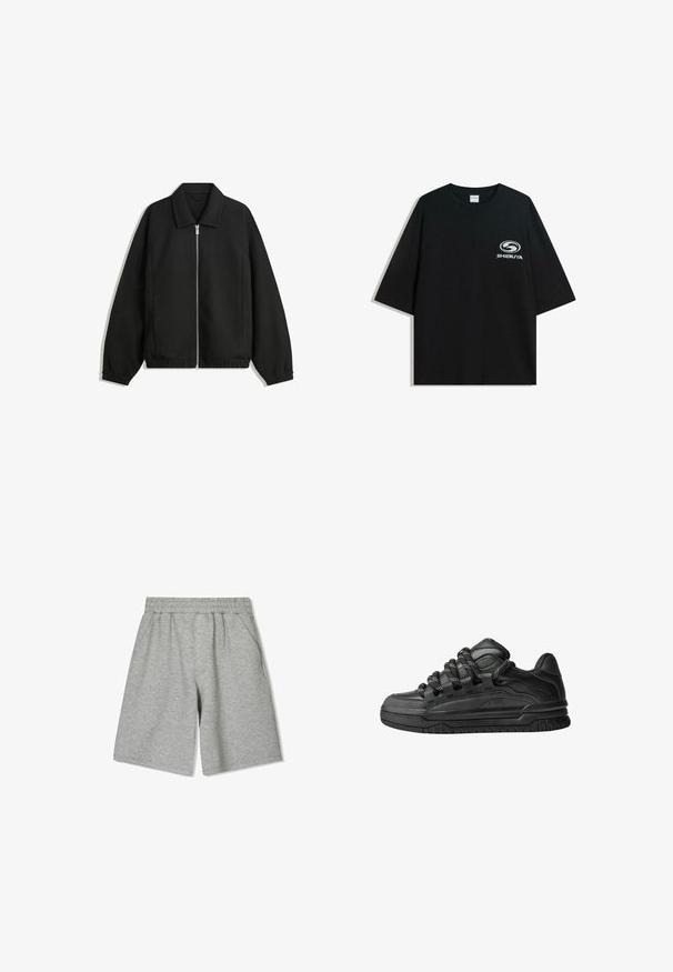 Czarna kurtka z teksturowanej tkaniny, z pełnym zamkiem z przodu, kołnierzem i elastycznymi mankietami, o luźnym kroju i kieszeniach po bokach.; Czarna, oversize bawełniana koszulka z okrągłym dekoltem i krótkimi rękawami, z białym logo "Shibuya" nadrukowanym na przodzie.; Szare bawełniane szorty z elastycznym pasem, posiadające boczne kieszenie i luźny krój. Gładka tekstura i długość do kolan.; Czarne sneakersy z gładką skórzaną cholewką, teksturowanymi akcentami i okrągłymi czarno-białymi sznurowadłami. Gruba gumowa podeszwa z wzorzystym bieżnikiem.