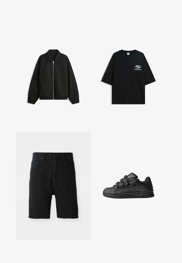 Černá bunda vyrobená z texturované látky, s plným předním zipem, límcem a elastickými manžetami, s volným střihem a bočními kapsami.; Černé oversized bavlněné tričko s kulatým výstřihem a krátkým rukávem, na přední straně s potiskem bílého loga "Shibuya".; Černé denimové kraťasy se rovný střihem, designem s pěti kapsami, zapínáním na přední knoflík a ohrnutým lemem. Hladká textura bez viditelných vzorů.; Černé tenisky s hladkým koženým svrškem, texturovanými akcenty a kulatými černobílými tkaničkami. Silná gumová podrážka s vzorovaným dezénem.