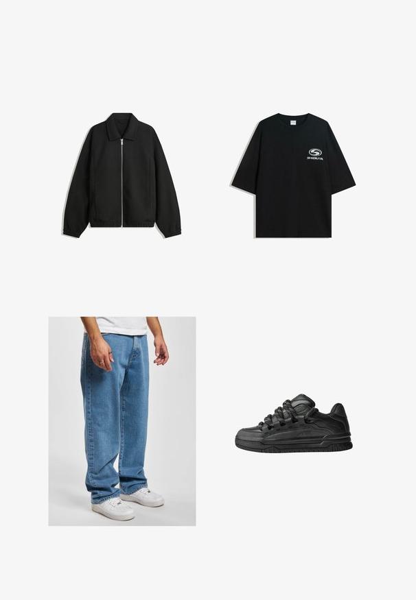 Črna jakna iz teksturirane tkanine, z dvostranskim zadrgo spredaj, ovratnikom in elastičnimi manšeti, sproščenega kroja in stranskimi žepi.; Črna prevelika bombažna majica z okroglo ovratnico in kratkimi rokavi, z belim logotipom "Shibuya" natisnjenim spredaj.; Svijetloplave traperice opuštenog kroja, s ravnim nogavicama i suptilnim izbljeđivanjem, u kombinaciji s bijelim tenisicama.; Črne superge z gladkim usnjenim zgornjim delom, teksturiranimi detajli in okroglimi črnimi ter belimi vezalkami. Debel gumijast podplat z vzorčastim profilom.