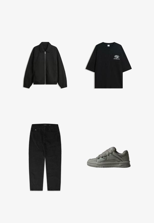 Giacca nera in tessuto texturizzato, con zip frontale a tutta lunghezza, colletto e polsini elasticizzati, dalla vestibilità rilassata e con tasche laterali.; T-shirt nera oversize in cotone con scollatura rotonda e maniche corte, con un logo bianco "Shibuya" stampato sul fronte.; EIGHTYFIVE WITH LOOP - Jeans baggy - black washed; Scarpa sportiva grigia con tomaia in pelle testurizzata e rete, suola in gomma spessa e linguetta e lati ben imbottiti. Includono lacci e dettagli laterali.