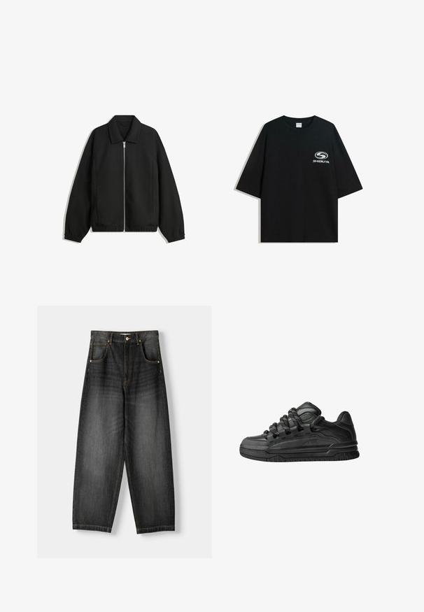 Musta takki, joka on valmistettu teksturoidusta kankaasta ja jossa on koko etuvetoketju, kaulus ja joustavat hihansuut. Takissa on rento istuvuus ja sivutaskut.; Mustat ylipitkät puuvillapaidat, joissa on pyöreä kaula-aukko ja lyhyet hihat, etuosassa valkoinen "Shibuya" -logo.; Tumman denim-materiaalin leveälahkeiset farkut korkealla vyötäröllä, viisi taskua, eriväriset kultaiset ompeleet ja napitus. Tasainen etupuoli ja suorat lahkeet.; Mustat tennarit, joissa on sileä nahkapinta, teksturoituja yksityiskohtia ja pyöreät musta-valkoiset nauhat. Paksu kumipohja, jossa on kuvioitu pinta.