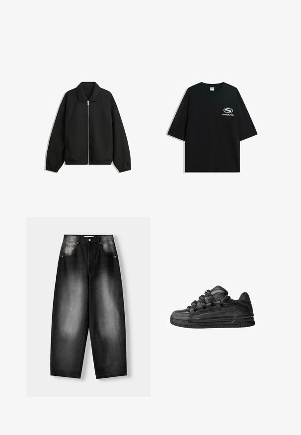 Svart jacka i strukturerad tyg, med full dragkedja framtill, krage och elastiska muddar, med en avslappnad passform och sidofickor.; Svart oversized t-shirt i bomull med rund halsringning och korta ärmar, med en vit "Shibuya"-logotyp tryckt på framsidan.; Svarta denimjeans med vid benvidd, med en blekt gradient från mörk till ljus, fem fickor och tryckknappsstängning.; Svarta sneakers med ovandel i slät läder, texturerade detaljer och runda svarta och vita snören. Tjock gummisula med ett mönstrat mönster.