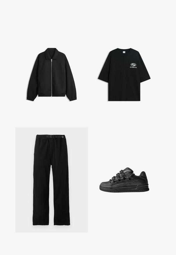 Črna jakna iz teksturirane tkanine, z dvostranskim zadrgo spredaj, ovratnikom in elastičnimi manšeti, sproščenega kroja in stranskimi žepi.; Črna prevelika bombažna majica z okroglo ovratnico in kratkimi rokavi, z belim logotipom "Shibuya" natisnjenim spredaj.; Črne, lahke hlače z elastiko v pasu in nastavljivim pasom, ki imajo naravnost krojene noge in gladko teksturo.; Črne superge z gladkim usnjenim zgornjim delom, teksturiranimi detajli in okroglimi črnimi ter belimi vezalkami. Debel gumijast podplat z vzorčastim profilom.