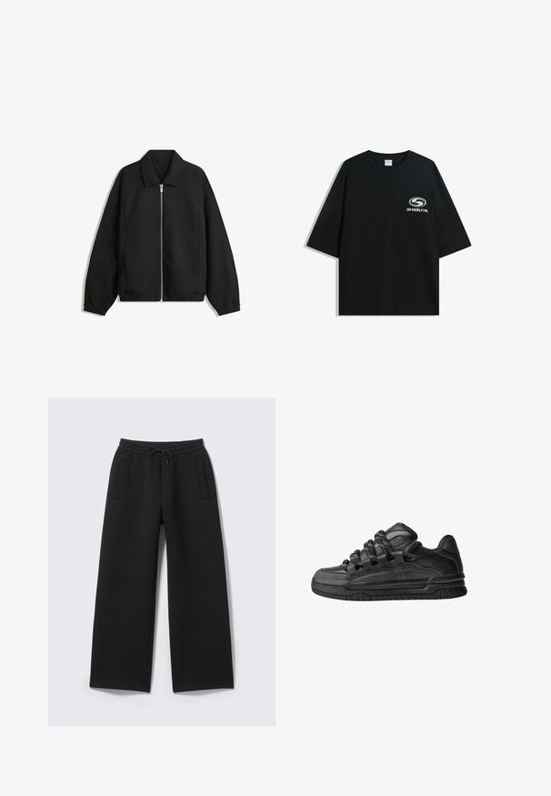 Black jacket made of textured fabric, featuring a full front zip, collar, and elastic cuffs with a relaxed fit and side pockets.; Black oversized cotton t-shirt featuring a round neckline and short sleeves, with a white "Shibuya" logo printed on the front.; Black sweatpants with a wide-leg design, featuring a drawstring waistband and two side pockets. Made from a soft, textured fabric.; Black sneakers with a smooth leather upper, textured accents, and round black and white laces. Thick rubber sole with a patterned tread.
