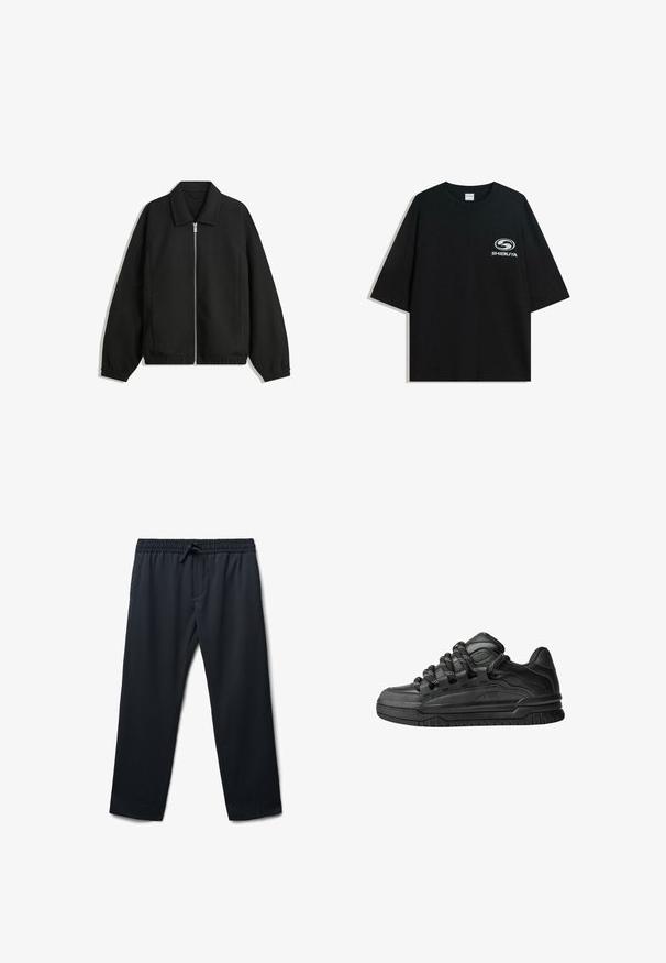 Schwarze Jacke aus strukturiertem Stoff, mit vollem Reißverschluss auf der Vorderseite, Kragen und elastischen Manschetten, im entspannten Schnitt und mit seitlichen Taschen.; Schwarzes oversized Baumwoll-T-Shirt mit Rundhalsausschnitt und kurzen Ärmeln, auf der Vorderseite mit einem weißen "Shibuya"-Logo bedruckt.; Marineblaue Sweatpants mit elastischem Bund und Kordelzug. Mit Seiten taschen und einem glatten, leichten Stoff. Gerades Bein Design.; Schwarze Sneakers mit einem glatten Leder-Obermaterial, strukturierten Akzenten und runden schwarz-weißen Schnürsenkeln. Dicke Gummisohle mit einem gemusterten Profil.