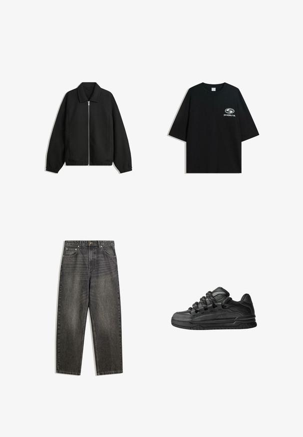Černá bunda vyrobená z texturované látky, s plným předním zipem, límcem a elastickými manžetami, s volným střihem a bočními kapsami.; Černé oversized bavlněné tričko s kulatým výstřihem a krátkým rukávem, na přední straně s potiskem bílého loga "Shibuya".; Černé džíny z denimu s volným střihem, které mají pět kapes, zapínání na knoflík a jemné vyblednutí v textuře látky.; Černé tenisky s hladkým koženým svrškem, texturovanými akcenty a kulatými černobílými tkaničkami. Silná gumová podrážka s vzorovaným dezénem.