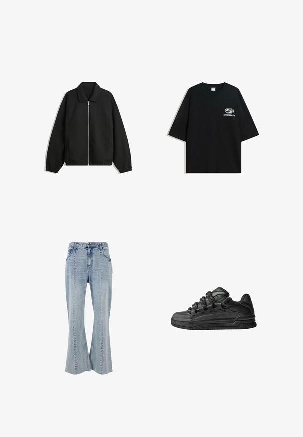 Čierna bunda vyrobená z textúrovaného materiálu, s plným predným zipsom, golierom a elastickými manžetami, so voľnejším strihom a bočnými vreckami.; Čierne oversize bavlnené tričko s okrúhlym výstrihom a krátkymi rukávmi, s bielym logom "Shibuya" potlačeným na prednej strane.; Svetlo modré denimové rozšírené nohavice s detailmi predných vreciek, viditeľným šitím a pásom s pútkami na opasok. Klasický dizajn s piatimi vreckami.; Čierne tenisky s hladkým koženým zvrškom, štruktúrovanými akcentami a okrúhlymi čierno-bielymi šnúrkami. Hrubá gumená podrážka s vzorovaným dezénom.