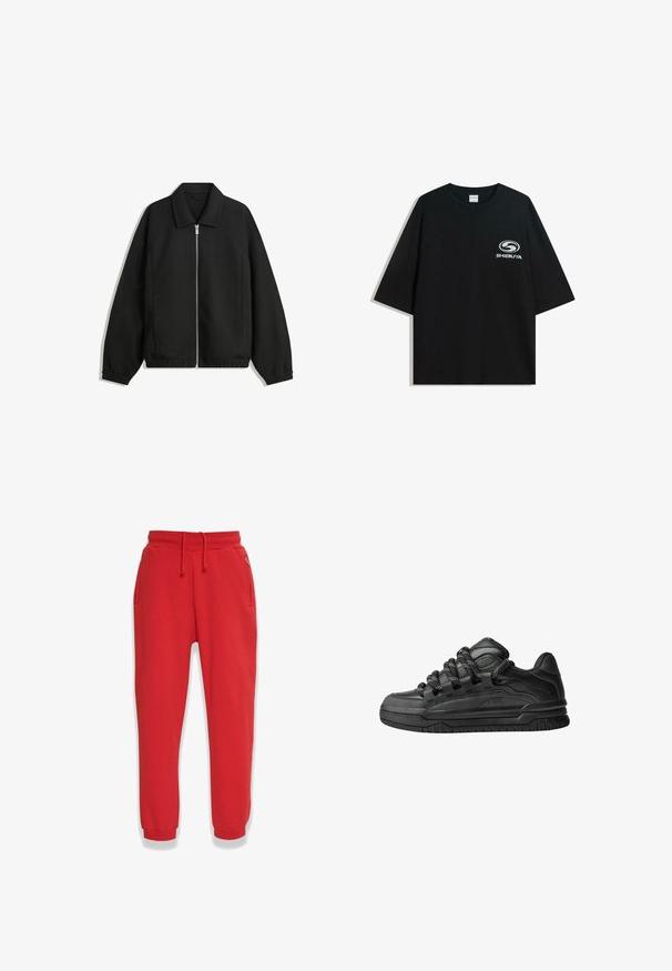 Black jacket made of textured fabric, featuring a full front zip, collar, and elastic cuffs with a relaxed fit and side pockets.; Black oversized cotton t-shirt featuring a round neckline and short sleeves, with a white "Shibuya" logo printed on the front.; Red sweatpants made of soft fabric, featuring an elastic waistband with drawstring, side pockets, and tapered legs.; Black sneakers with a smooth leather upper, textured accents, and round black and white laces. Thick rubber sole with a patterned tread.