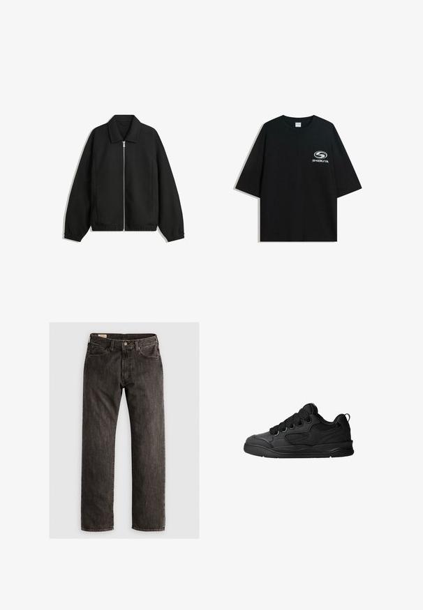 Black jacket made of textured fabric, featuring a full front zip, collar, and elastic cuffs with a relaxed fit and side pockets.; Black oversized cotton t-shirt featuring a round neckline and short sleeves, with a white "Shibuya" logo printed on the front.; Straight-leg black denim jeans with button and zipper closure, front and back pockets, and belt loops.; Black sneakers with a textured upper, featuring laces, mesh accents for breathability, padded collar, and a sturdy outsole.