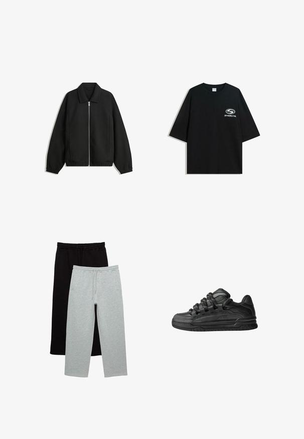 Čierna bunda vyrobená z textúrovaného materiálu, s plným predným zipsom, golierom a elastickými manžetami, so voľnejším strihom a bočnými vreckami.; Čierne oversize bavlnené tričko s okrúhlym výstrihom a krátkymi rukávmi, s bielym logom "Shibuya" potlačeným na prednej strane.; Dvoje nohavíc: jedny čierne, jedny svetlo šedé. Vyrobené z jemného materiálu, obe majú elastický pás so sťahovacou šnúrkou a bočné vrecká.; Čierne tenisky s hladkým koženým zvrškom, štruktúrovanými akcentami a okrúhlymi čierno-bielymi šnúrkami. Hrubá gumená podrážka s vzorovaným dezénom.