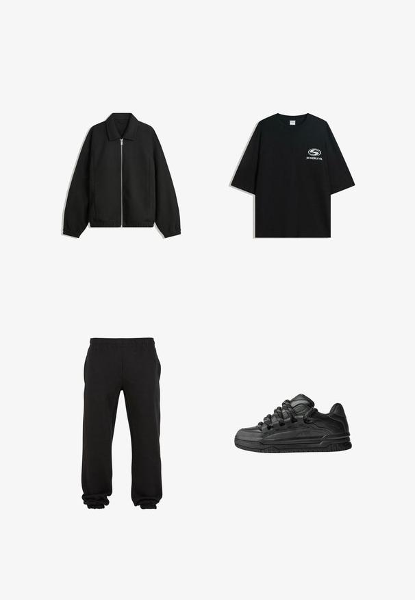 Zwarte jas van textuurstof, met een volledige rits aan de voorkant, een kraag, elastische manchetten, een ontspannen pasvorm en zijzakken.; Zwarte oversized katoenen t-shirt met een ronde halslijn en korte mouwen, met een witte "Shibuya" logo gedrukt op de voorkant.; Zwarte sweatpants van zachte stof, met een elastische tailleband en elastische boorden bij de enkels, die zorgen voor een relaxte fit en comfort.; Zwarte sneakers met een glad leren bovenwerk, gearceerde accenten en ronde zwart-witte veters. Dikke rubberen zool met een geprofileerd loopvlak.