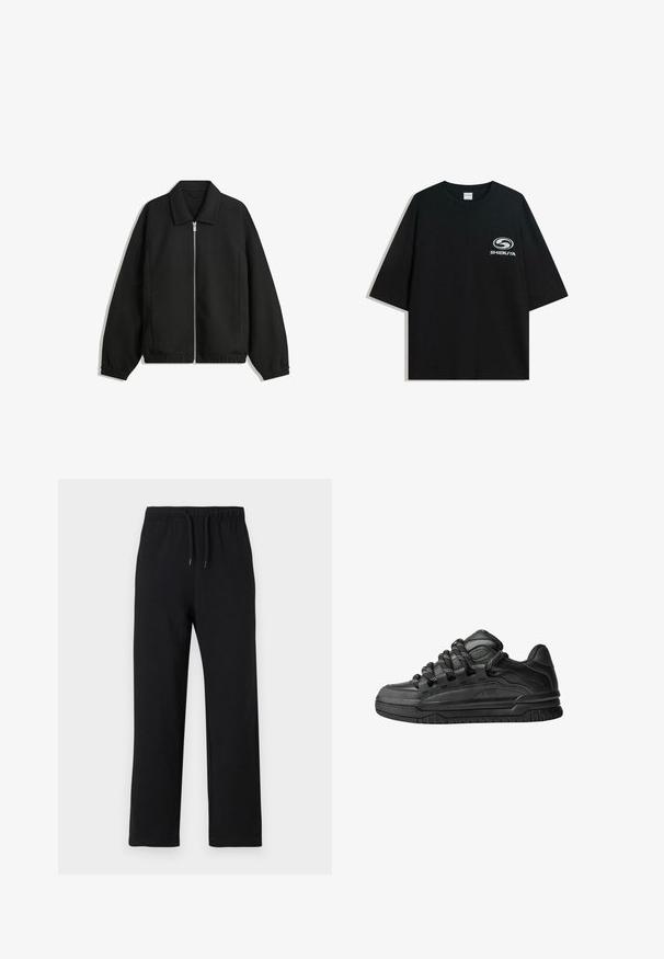 Black jacket made of textured fabric, featuring a full front zip, collar, and elastic cuffs with a relaxed fit and side pockets.; Black oversized cotton t-shirt featuring a round neckline and short sleeves, with a white "Shibuya" logo printed on the front.; Jack & Jones JPSTKANE JJCHARGE UNCUFFED - Tracksuit bottoms - black; Black sneakers with a smooth leather upper, textured accents, and round black and white laces. Thick rubber sole with a patterned tread.