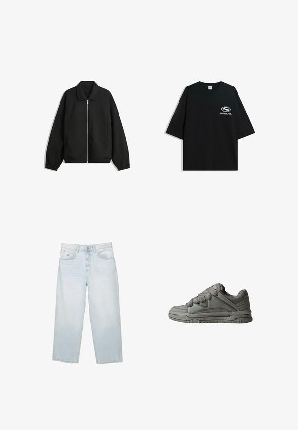Svart jacka i strukturerad tyg, med full dragkedja framtill, krage och elastiska muddar, med en avslappnad passform och sidofickor.; Svart oversized t-shirt i bomull med rund halsringning och korta ärmar, med en vit "Shibuya"-logotyp tryckt på framsidan.; Ljusblå högmidjade raka jeans med framknapp, fickor och en liten märkesbricka i metall på den högra framfickan.; Grå atletisk sko med texturerat läder och mesh-överdel, tjockgummisulor, och framträdande vadderad plös och sidor. Snören och sidodetaljer ingår.