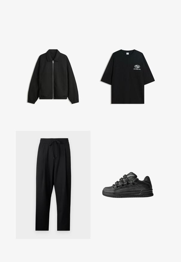 Schwarze Jacke aus strukturiertem Stoff, mit vollem Reißverschluss auf der Vorderseite, Kragen und elastischen Manschetten, im entspannten Schnitt und mit seitlichen Taschen.; Schwarzes oversized Baumwoll-T-Shirt mit Rundhalsausschnitt und kurzen Ärmeln, auf der Vorderseite mit einem weißen "Shibuya"-Logo bedruckt.; Schwarze, leichte Hose mit lockerer Passform. Mit einem elastischen Bund und verstellbarem Kordelzug sowie Seitentaschen. Glatte Textur.; Schwarze Sneakers mit einem glatten Leder-Obermaterial, strukturierten Akzenten und runden schwarz-weißen Schnürsenkeln. Dicke Gummisohle mit einem gemusterten Profil.