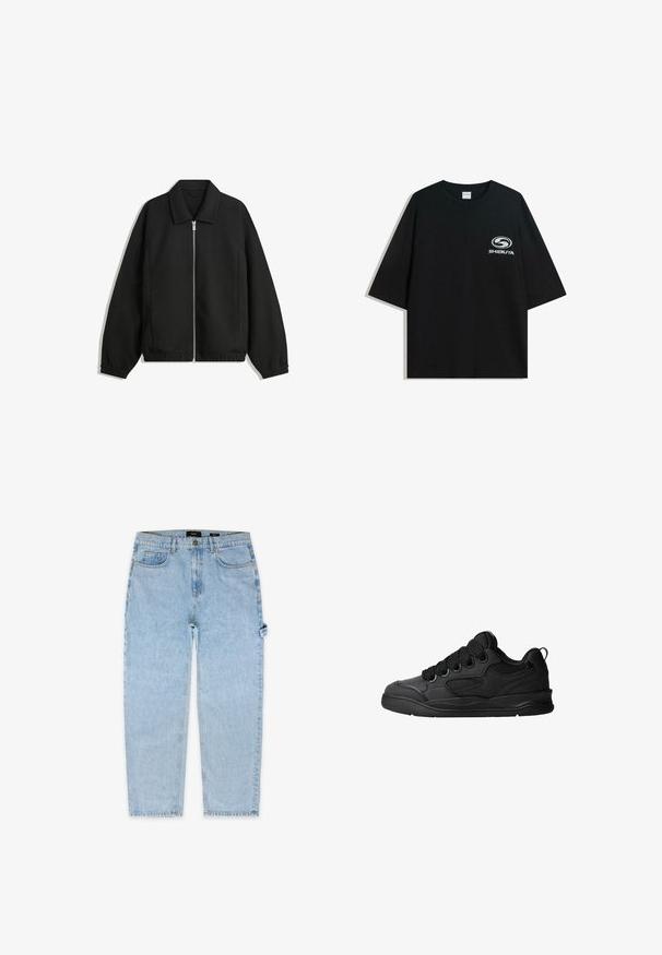Veste noire en tissu texturé, dotée d'une fermeture éclair sur toute la longueur, d'un col et de poignets élastiques avec une coupe décontractée et des poches latérales.; T-shirt en coton noir surdimensionné avec un col rond et des manches courtes, arborant un logo "Shibuya" blanc imprimé à l'avant.; Jeans en denim bleu clair avec une coupe droite, un design à cinq poches et un ourlet effiloché, comportant une fermeture à bouton et des passants de ceinture.; Baskets noires avec une tige texturée, dotées de lacets, d'accents en mesh pour la respirabilité, d'un col rembourré et d'une semelle extérieure robuste.