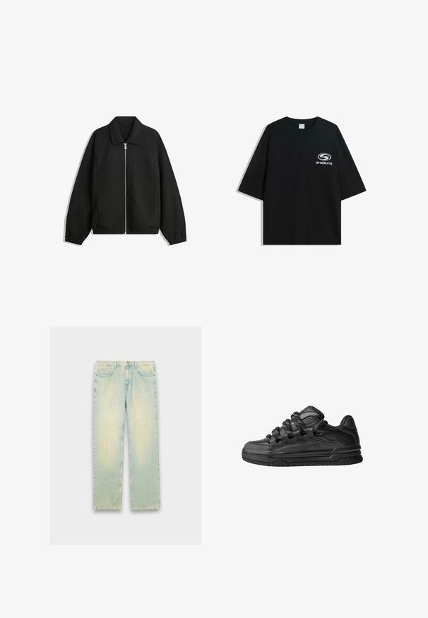 Fekete kabát texturált anyagból, teljes elöl cipzárral, gallérral és rugalmas mandzsettákkal, laza szabással és oldalsó zsebekkel.; Fekete, oversized pamut póló kerek nyakkal és rövid ujjakkal, az elején fehér "Shibuya" logóval.; Világoskék denim farmernadrág laza fazonnal, öt zsebbel, cipzáras nyitással, és kopott hatással a combokon és a térdeken.; Fekete sportcipők sima bőrből készült felső résszel, struktúrált kiegészítőkkel, valamint kerek fekete és fehér fűzőkkel. Vastag gumitalp mintázott bordázattal.