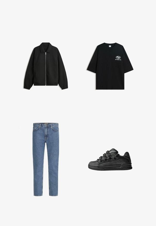 Crna jakna izrađena od teksturirane tkanine, s punim prednjim zatvaračem, ovratnikom i elastičnim manžetama, opuštenog kroja i bočnim džepovima.; Crna oversized pamukasta majica s okruglim izrezom i kratkim rukavima, s bijelim logotipom "Shibuya" otisnutim na prednjoj strani.; Plave traperice ravnog kroja s prednjim gumbom, patentnim zatvaračem i dizajnom od pet džepova, prikazane na bijeloj pozadini.; Crne tenisice s glatkom kožnom gornjom površinom, teksturiranim detaljima i okruglim crnim i bijelim vezicama. Debeli gumeni potplat s uzorkom.