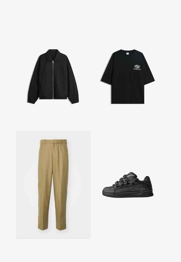 Veste noire en tissu texturé, dotée d'une fermeture éclair sur toute la longueur, d'un col et de poignets élastiques avec une coupe décontractée et des poches latérales.; T-shirt en coton noir surdimensionné avec un col rond et des manches courtes, arborant un logo "Shibuya" blanc imprimé à l'avant.; Pantalons beiges en tissu texturé, avec une coupe droite, des passants de ceinture et des plis à l'avant.; Baskets noires avec une tige en cuir lisse, des accents texturés et des lacets ronds noir et blanc. Semelle en caoutchouc épaisse avec un motif de semelle.