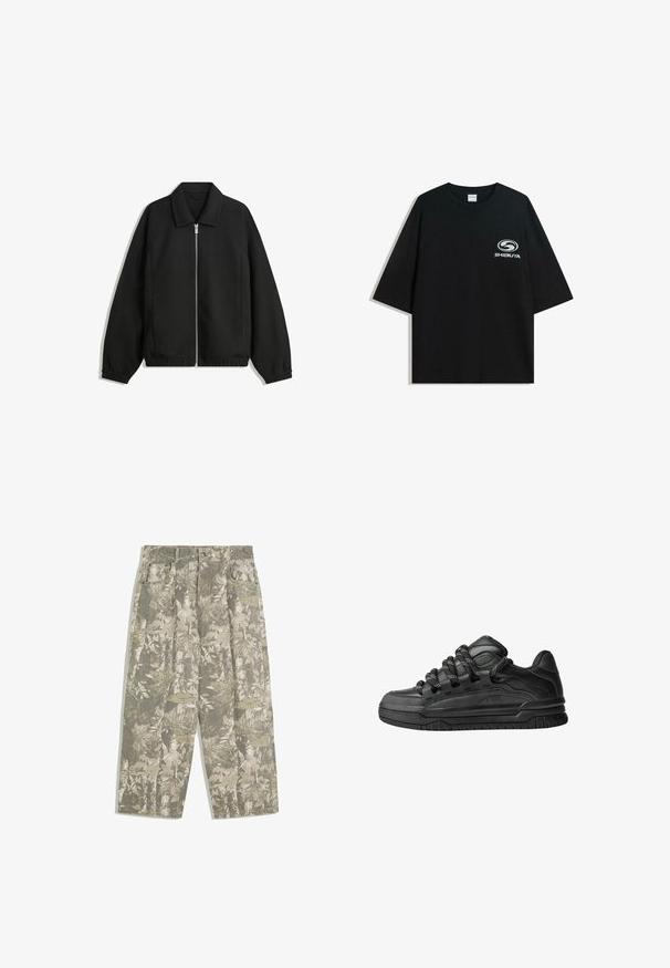 Zwarte jas van textuurstof, met een volledige rits aan de voorkant, een kraag, elastische manchetten, een ontspannen pasvorm en zijzakken.; Zwarte oversized katoenen t-shirt met een ronde halslijn en korte mouwen, met een witte "Shibuya" logo gedrukt op de voorkant.; Cargo broek met wijde benen in een groen en beige camouflagepatroon van bladeren en schors, met voorzakken en riemlussen.; Zwarte sneakers met een glad leren bovenwerk, gearceerde accenten en ronde zwart-witte veters. Dikke rubberen zool met een geprofileerd loopvlak.