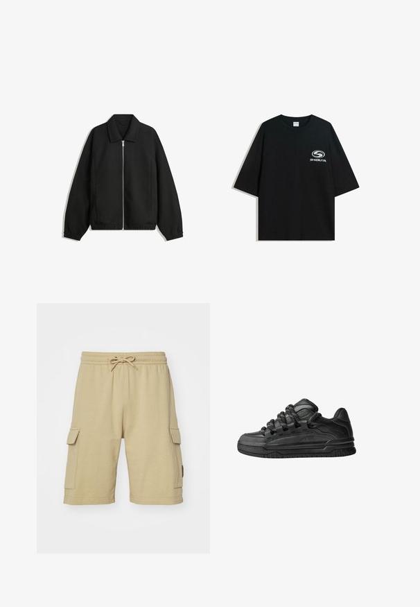 Black jacket made of textured fabric, featuring a full front zip, collar, and elastic cuffs with a relaxed fit and side pockets.; Black oversized cotton t-shirt featuring a round neckline and short sleeves, with a white "Shibuya" logo printed on the front.; Beige cotton cargo shorts with an elastic waistband, drawstring, and side pockets. Smooth texture and knee-length design.; Black sneakers with a smooth leather upper, textured accents, and round black and white laces. Thick rubber sole with a patterned tread.