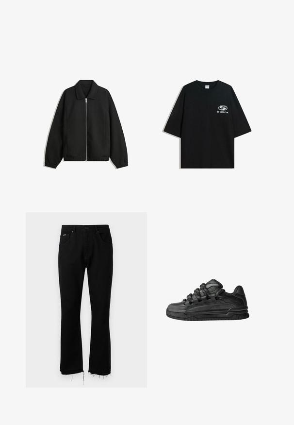 Crna jakna izrađena od teksturirane tkanine, s punim prednjim zatvaračem, ovratnikom i elastičnim manžetama, opuštenog kroja i bočnim džepovima.; Crna oversized pamukasta majica s okruglim izrezom i kratkim rukavima, s bijelim logotipom "Shibuya" otisnutim na prednjoj strani.; Crne traperice s rasplinutim oblikom, s iznošenim rubom, dva prednja džepa i jednim stražnjim džepom. Metalno kopčanje na struku.; Crne tenisice s glatkom kožnom gornjom površinom, teksturiranim detaljima i okruglim crnim i bijelim vezicama. Debeli gumeni potplat s uzorkom.