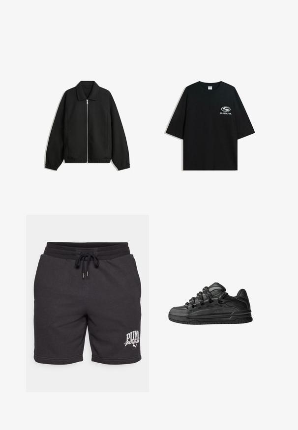 Zwarte jas van textuurstof, met een volledige rits aan de voorkant, een kraag, elastische manchetten, een ontspannen pasvorm en zijzakken.; Zwarte oversized katoenen t-shirt met een ronde halslijn en korte mouwen, met een witte "Shibuya" logo gedrukt op de voorkant.; Zwarte katoenen shorts met een trekkoord in de taille, zijzakken en een geprinte "PUMA sports club" logo. Zachte textuur en casual ontwerp.; Zwarte sneakers met een glad leren bovenwerk, gearceerde accenten en ronde zwart-witte veters. Dikke rubberen zool met een geprofileerd loopvlak.