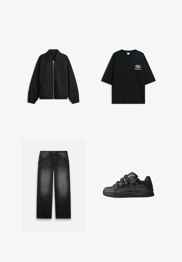 Crna jakna izrađena od teksturirane tkanine, s punim prednjim zatvaračem, ovratnikom i elastičnim manžetama, opuštenog kroja i bočnim džepovima.; Crna oversized pamukasta majica s okruglim izrezom i kratkim rukavima, s bijelim logotipom "Shibuya" otisnutim na prednjoj strani.; Crne traperice sa širokim nogavicama. Ima pet džepova, blago izblijedjele i čvrsto šivane. Zatvaranje na gumb i munje.; Crne tenisice s glatkom kožnom gornjom površinom, teksturiranim detaljima i okruglim crnim i bijelim vezicama. Debeli gumeni potplat s uzorkom.