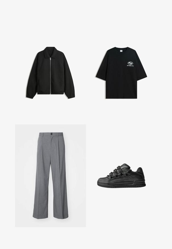 Black jacket made of textured fabric, featuring a full front zip, collar, and elastic cuffs with a relaxed fit and side pockets.; Black oversized cotton t-shirt featuring a round neckline and short sleeves, with a white "Shibuya" logo printed on the front.; Weekday UNO LOOSE SUIT TROUSERS - Suit trousers - dark grey; Black sneakers with a smooth leather upper, textured accents, and round black and white laces. Thick rubber sole with a patterned tread.