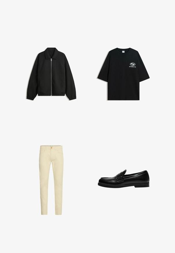 Black jacket made of textured fabric, featuring a full front zip, collar, and elastic cuffs with a relaxed fit and side pockets.; Black oversized cotton t-shirt featuring a round neckline and short sleeves, with a white "Shibuya" logo printed on the front.; Beige cotton trousers with a slim fit, featuring a standard waistband, two front pockets, and a single rear pocket, finished with a button closure.; Black leather loafer with a smooth finish, featuring a stitch detail on the vamp and a low, solid black rubber sole.