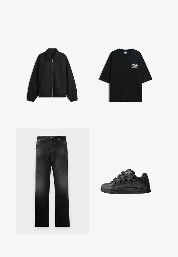 Crna jakna izrađena od teksturirane tkanine, s punim prednjim zatvaračem, ovratnikom i elastičnim manžetama, opuštenog kroja i bočnim džepovima.; Crna oversized pamukasta majica s okruglim izrezom i kratkim rukavima, s bijelim logotipom "Shibuya" otisnutim na prednjoj strani.; Crne traperice s ravnim nogavicama, s blagim gradijent efektom, dizajnom s pet džepova i metalnim detaljima.; Crne tenisice s glatkom kožnom gornjom površinom, teksturiranim detaljima i okruglim crnim i bijelim vezicama. Debeli gumeni potplat s uzorkom.