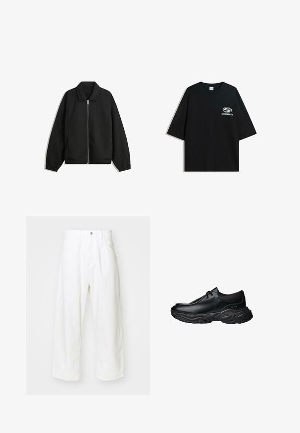 Black jacket made of textured fabric, featuring a full front zip, collar, and elastic cuffs with a relaxed fit and side pockets.; Black oversized cotton t-shirt featuring a round neckline and short sleeves, with a white "Shibuya" logo printed on the front.; White wide-leg jeans made from denim, featuring a high waist, five pockets, and a button closure. Simple design with raw hem edges.; Black leather slip-on shoes with a rounded toe and thick textured rubber sole. Features subtle stitching and elastic accents at the collar.