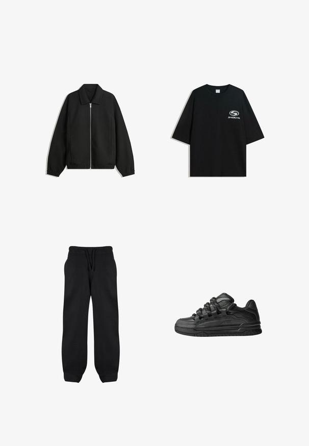 Zwarte jas van textuurstof, met een volledige rits aan de voorkant, een kraag, elastische manchetten, een ontspannen pasvorm en zijzakken.; Zwarte oversized katoenen t-shirt met een ronde halslijn en korte mouwen, met een witte "Shibuya" logo gedrukt op de voorkant.; Zwarte sweatpants met een elastische tailleband, trekkoord en zijzakken. Gemaakt van een zachte stof met een relaxte pasvorm en afgeronde enkels.; Zwarte sneakers met een glad leren bovenwerk, gearceerde accenten en ronde zwart-witte veters. Dikke rubberen zool met een geprofileerd loopvlak.