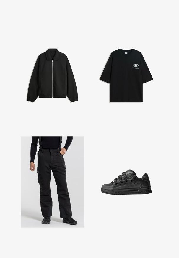 Zwarte jas van textuurstof, met een volledige rits aan de voorkant, een kraag, elastische manchetten, een ontspannen pasvorm en zijzakken.; Zwarte oversized katoenen t-shirt met een ronde halslijn en korte mouwen, met een witte "Shibuya" logo gedrukt op de voorkant.; Zwarte sneeuwbroeken met verstelbare bretels, cargozakken en versterkte delen bij de enkels. Gemaakt van duurzaam, weerbestendig materiaal.; Zwarte sneakers met een glad leren bovenwerk, gearceerde accenten en ronde zwart-witte veters. Dikke rubberen zool met een geprofileerd loopvlak.