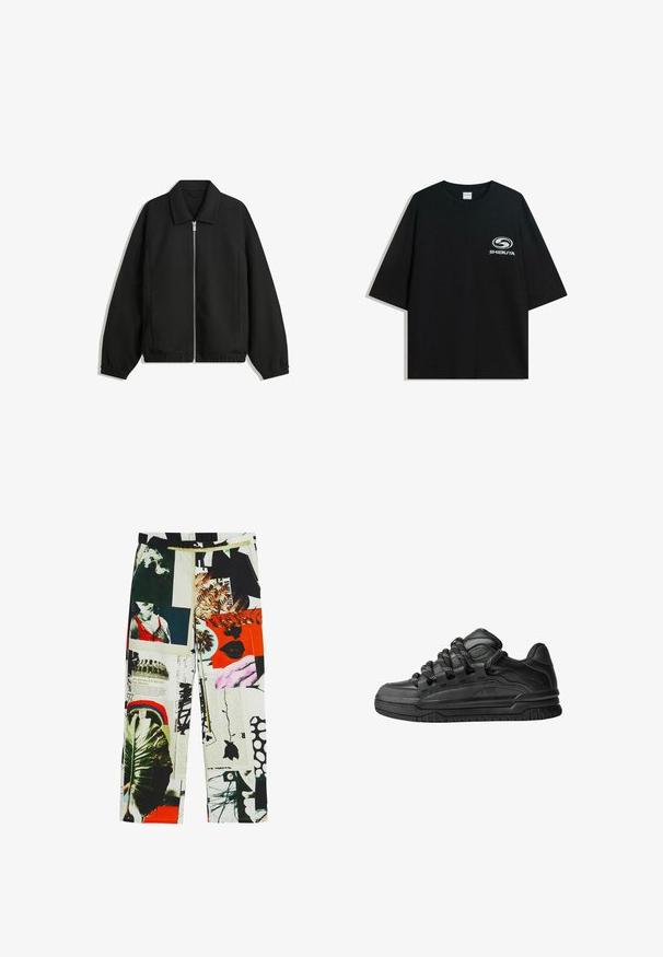 Zwarte jas van textuurstof, met een volledige rits aan de voorkant, een kraag, elastische manchetten, een ontspannen pasvorm en zijzakken.; Zwarte oversized katoenen t-shirt met een ronde halslijn en korte mouwen, met een witte "Shibuya" logo gedrukt op de voorkant.; Geprinte broeken met een collage van beelden, kleuren en texturen, waaronder groen, grafische elementen en gedurfde accenten. Elastische tailleband.; Zwarte sneakers met een glad leren bovenwerk, gearceerde accenten en ronde zwart-witte veters. Dikke rubberen zool met een geprofileerd loopvlak.