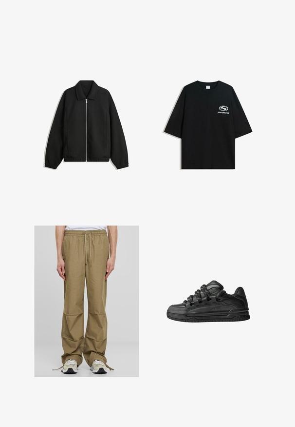 Sort jakke lavet af struktureret stof, med fuld frontlynlås, krave og elastiske mansjetter, i en afslappet pasform og sidelommer.; Sort oversized bomulds t-shirt med rund halsudskæring og korte ærmer, med et hvidt "Shibuya" logo trykt på forsiden.; Lys khaki cargo bukser med elastisk talje, snorelukning og bred, afslappet pasform. Har sidelommer og glat stofstruktur.; Sorte sneakers med en glat læderoverdel, teksturerede accenter og runde sorte og hvide snørebånd. Tyk gummisål med et mønstret slidbanemønster.