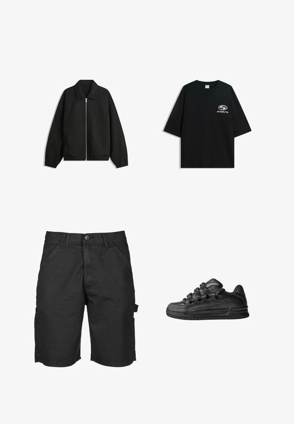Čierna bunda vyrobená z textúrovaného materiálu, s plným predným zipsom, golierom a elastickými manžetami, so voľnejším strihom a bočnými vreckami.; Čierne oversize bavlnené tričko s okrúhlym výstrihom a krátkymi rukávmi, s bielym logom "Shibuya" potlačeným na prednej strane.; Čierne cargo šortky vyrobené z ľahkého materiálu, s bočným zapínaním na zips a gombík, bočnými vreckami a úžitkovým vreckom na nohe.; Čierne tenisky s hladkým koženým zvrškom, štruktúrovanými akcentami a okrúhlymi čierno-bielymi šnúrkami. Hrubá gumená podrážka s vzorovaným dezénom.