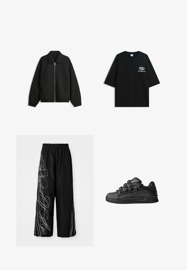 Černá bunda vyrobená z texturované látky, s plným předním zipem, límcem a elastickými manžetami, s volným střihem a bočními kapsami.; Černé oversized bavlněné tričko s kulatým výstřihem a krátkým rukávem, na přední straně s potiskem bílého loga "Shibuya".; Černé široké zkrácené kalhoty vyrobené z lehkého materiálu. Mají bílé vyšívané vzory a detaily, které plynule pokračují po stranách. Elastický pas.; Černé tenisky s hladkým koženým svrškem, texturovanými akcenty a kulatými černobílými tkaničkami. Silná gumová podrážka s vzorovaným dezénem.