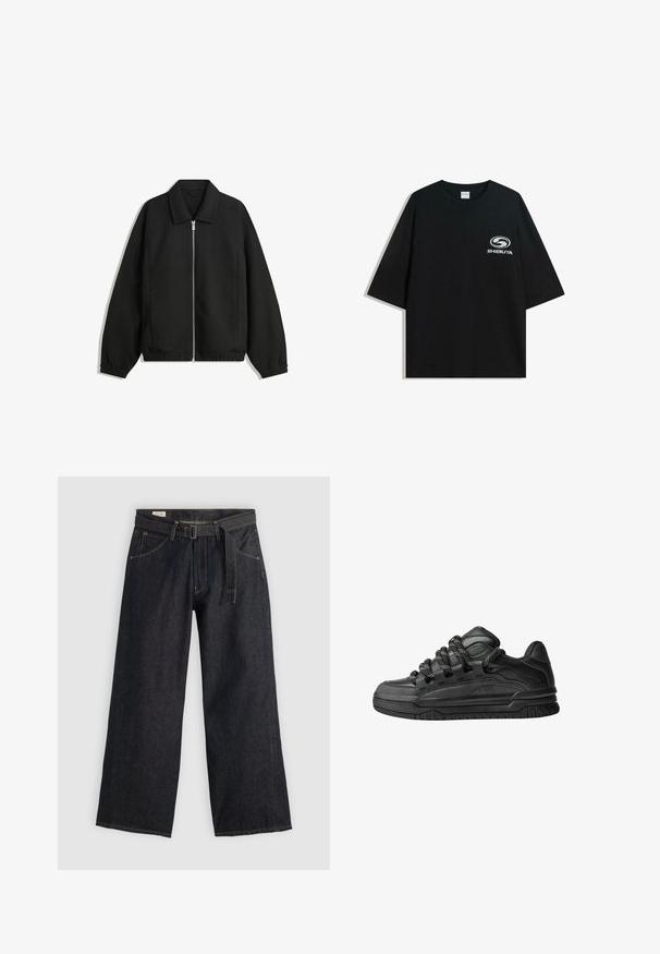 Sort jakke lavet af struktureret stof, med fuld frontlynlås, krave og elastiske mansjetter, i en afslappet pasform og sidelommer.; Sort oversized bomulds t-shirt med rund halsudskæring og korte ærmer, med et hvidt "Shibuya" logo trykt på forsiden.; Mørk denim bukser med brede ben og bælte i taljen, som har forlommer og kontrastsytråd. Glat tekstur med et rent design.; Sorte sneakers med en glat læderoverdel, teksturerede accenter og runde sorte og hvide snørebånd. Tyk gummisål med et mønstret slidbanemønster.